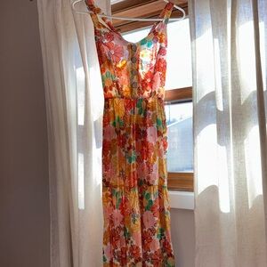 As U Wish Coral, Yellow & Green Floral Button-Front Maxi Dress